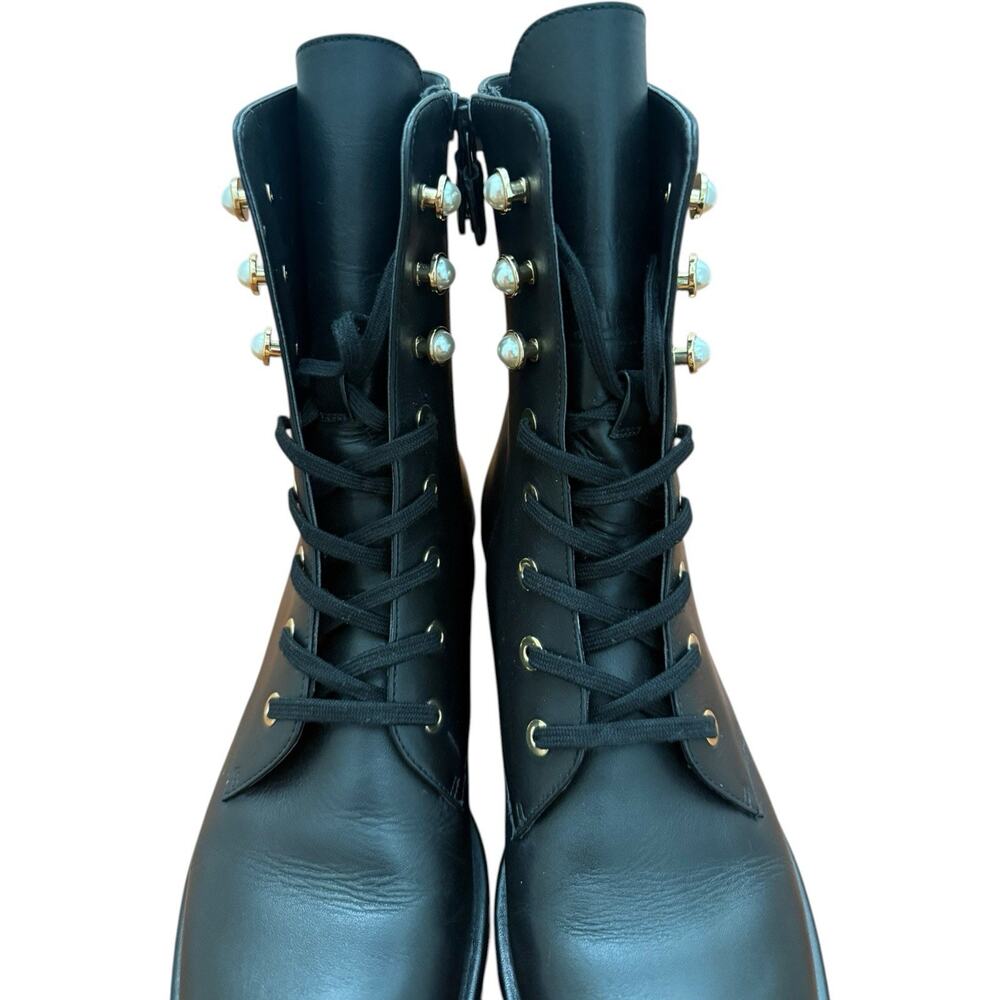 Stuart Weitzman Laine Pearl Leather Combat Boot In Black Size 8 - Picture 5 of 13